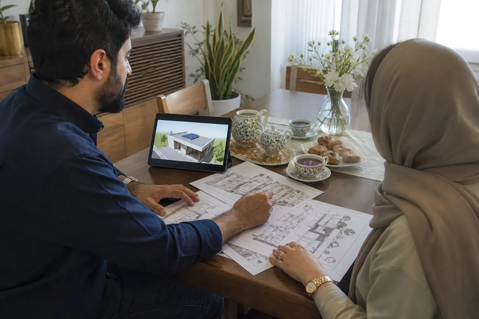 Home energy consultation at a dining table with site sketches and tea in warm interior light.
