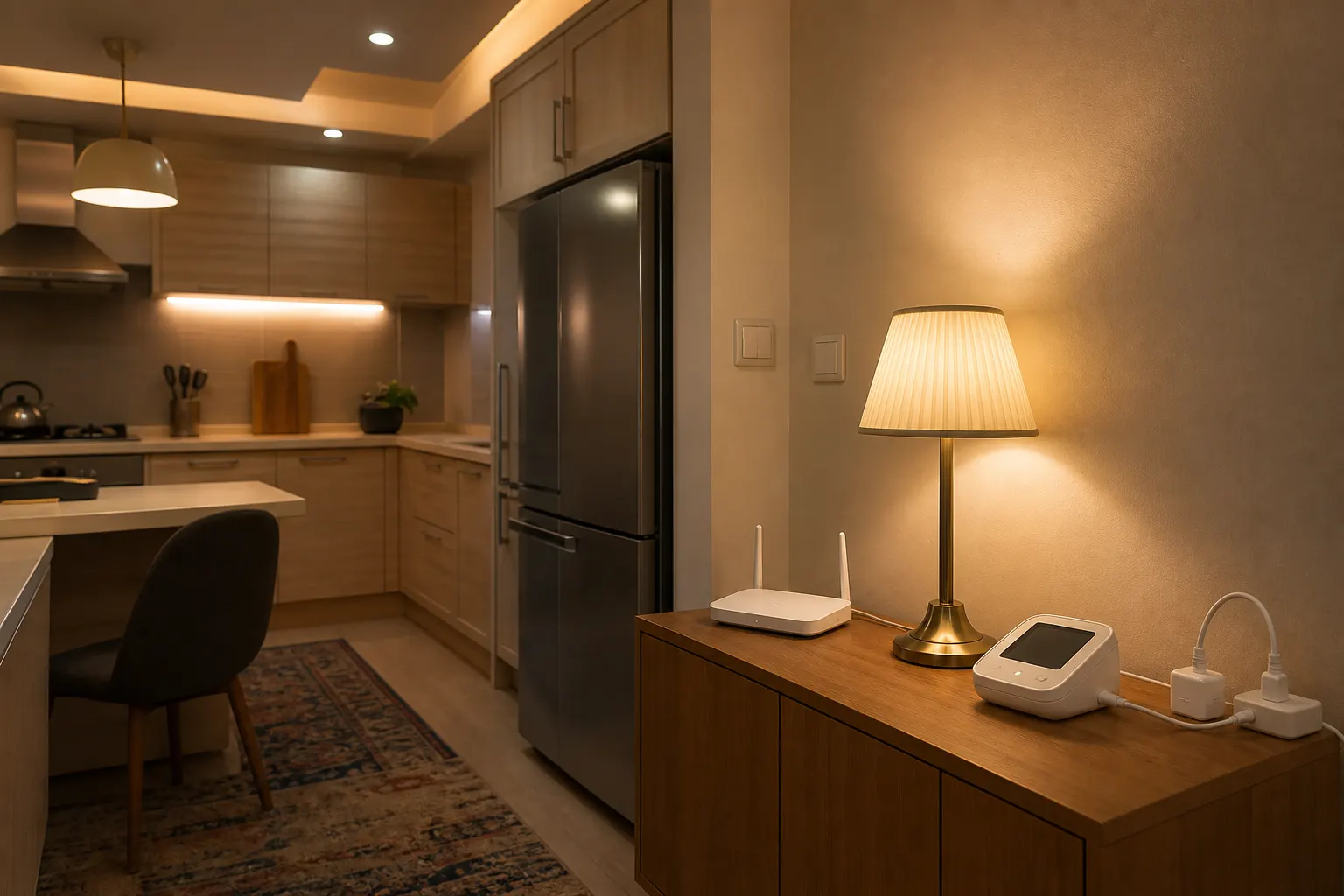 Household critical loads including refrigeration, lighting, and communications in a warm kitchen.