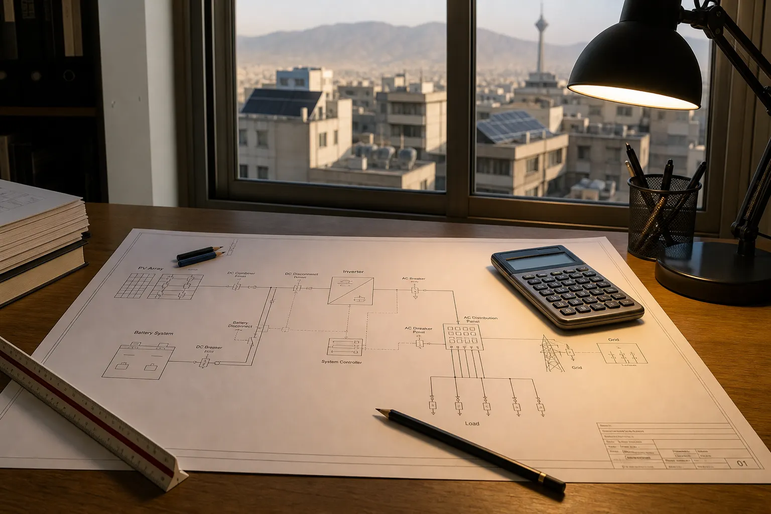 Electrical design desk with a solar-plus-storage single-line drawing beside a city rooftop view.