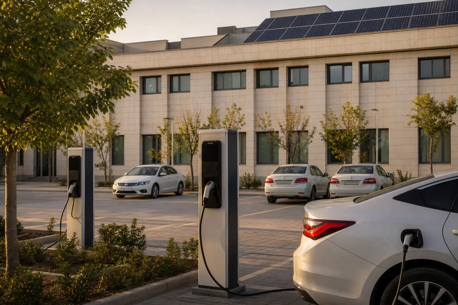 Workplace EV chargers in a courtyard beside a building with rooftop solar.