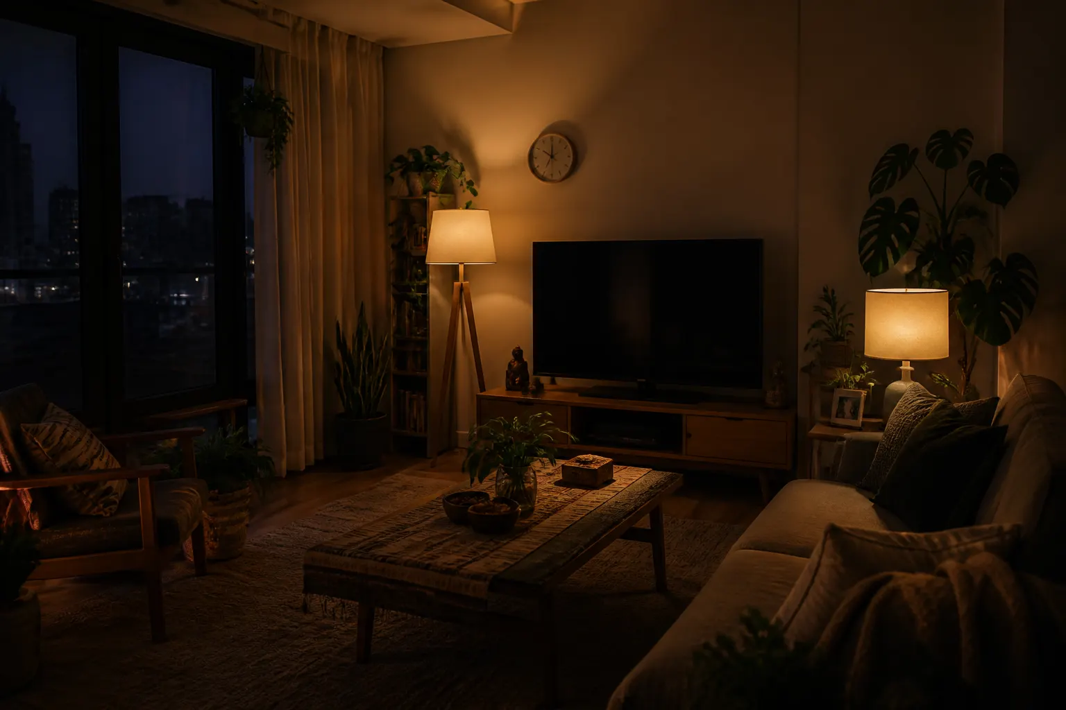Calm living room lamps on at dusk, suggesting prioritized household backup power.
