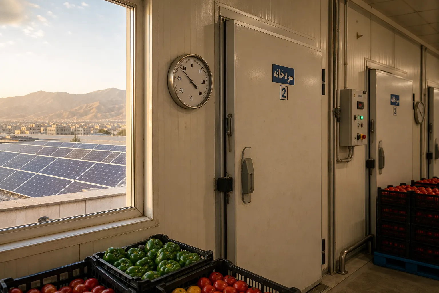 Cold-storage facility corridor with insulated doors and a view toward rooftop solar.