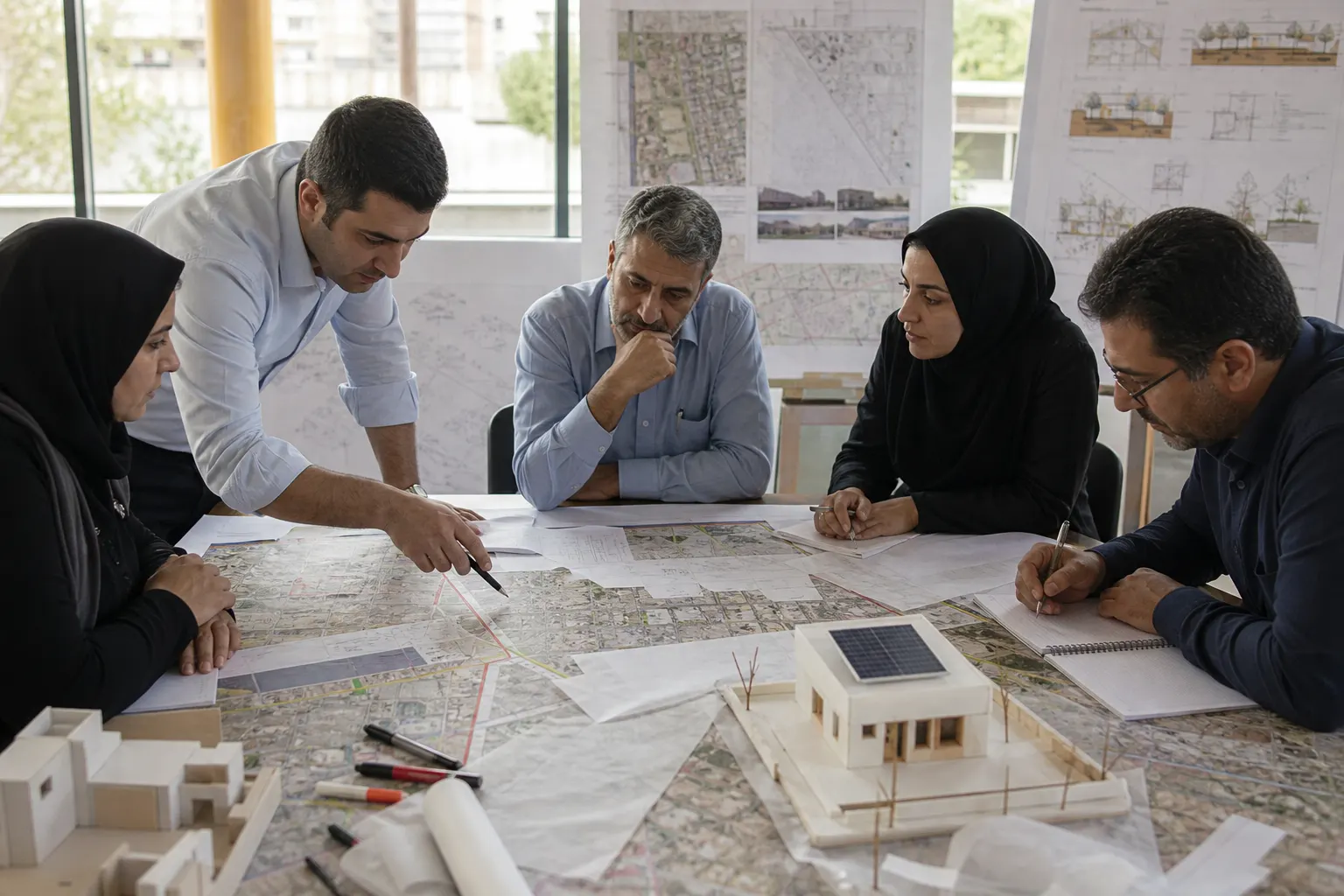 Feasibility workshop table with site maps and a small house model showing rooftop solar.