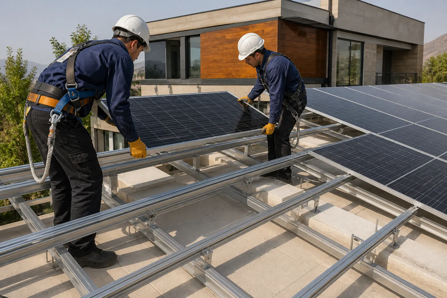 Installers in harnesses placing a solar module onto roof rails on a contemporary home.