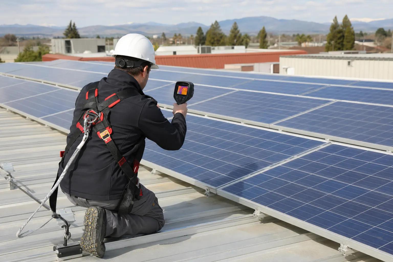 Technician inspecting a commercial rooftop solar array with a handheld thermal camera.