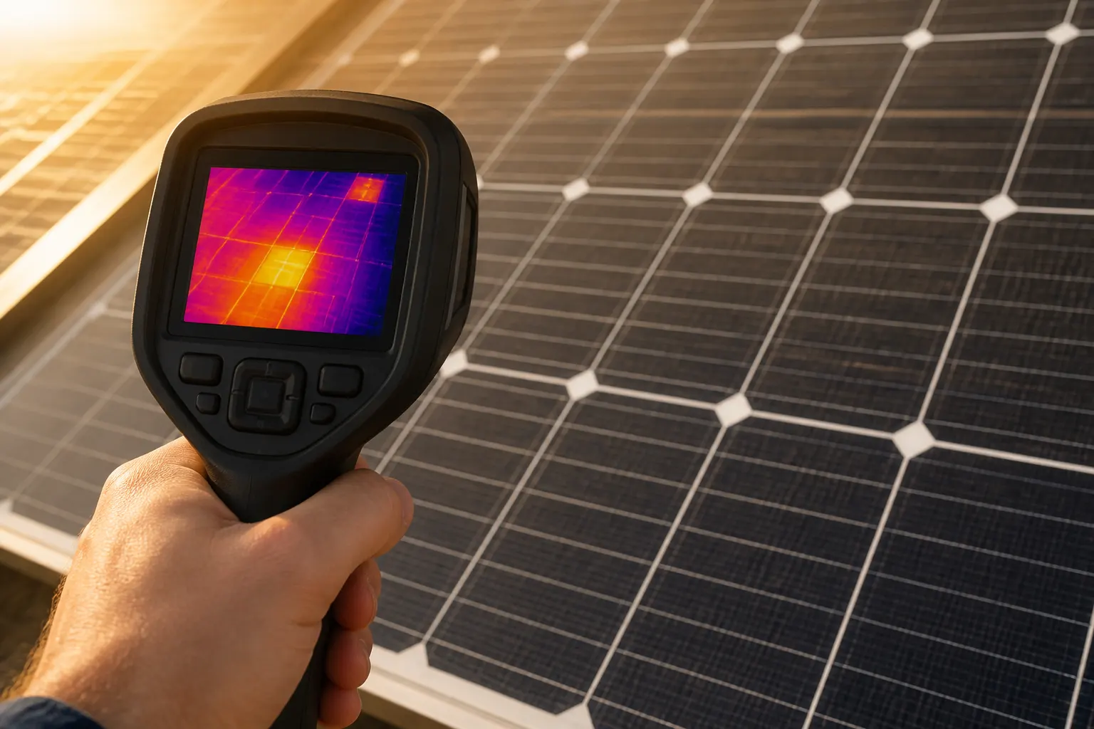 Close view of thermal inspection equipment held over a crystalline solar module.