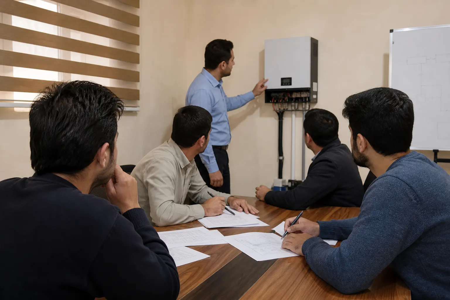 Facility operators reviewing commissioning notes around a table near an inverter.