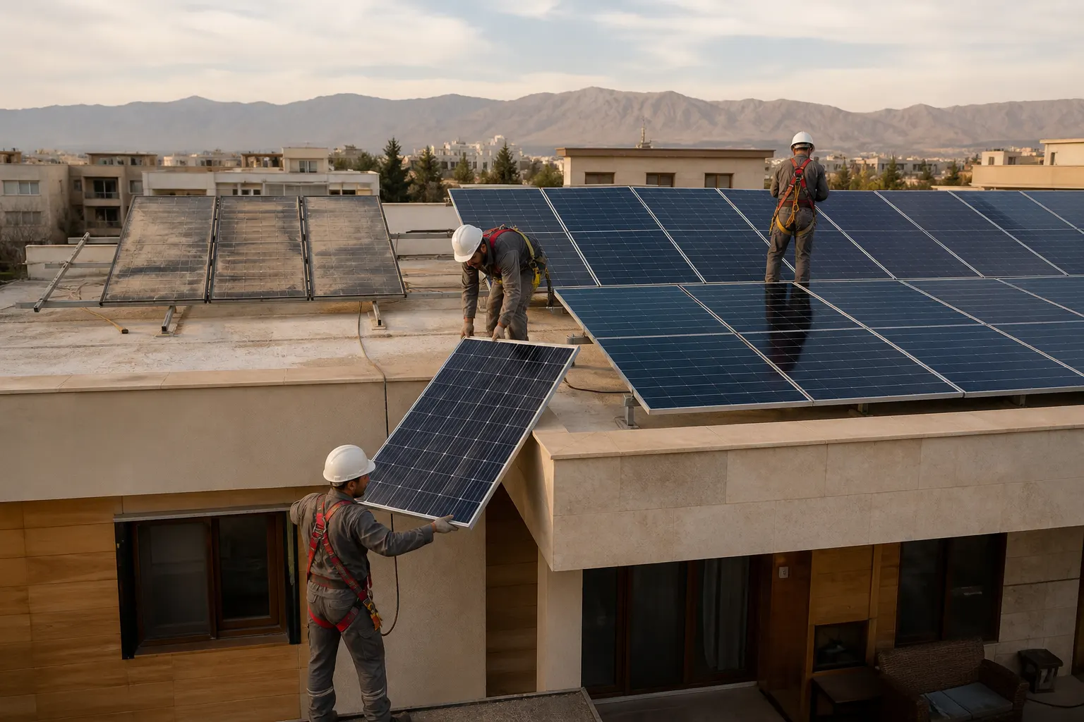 Crew replacing a rooftop solar module as part of an array upgrade.