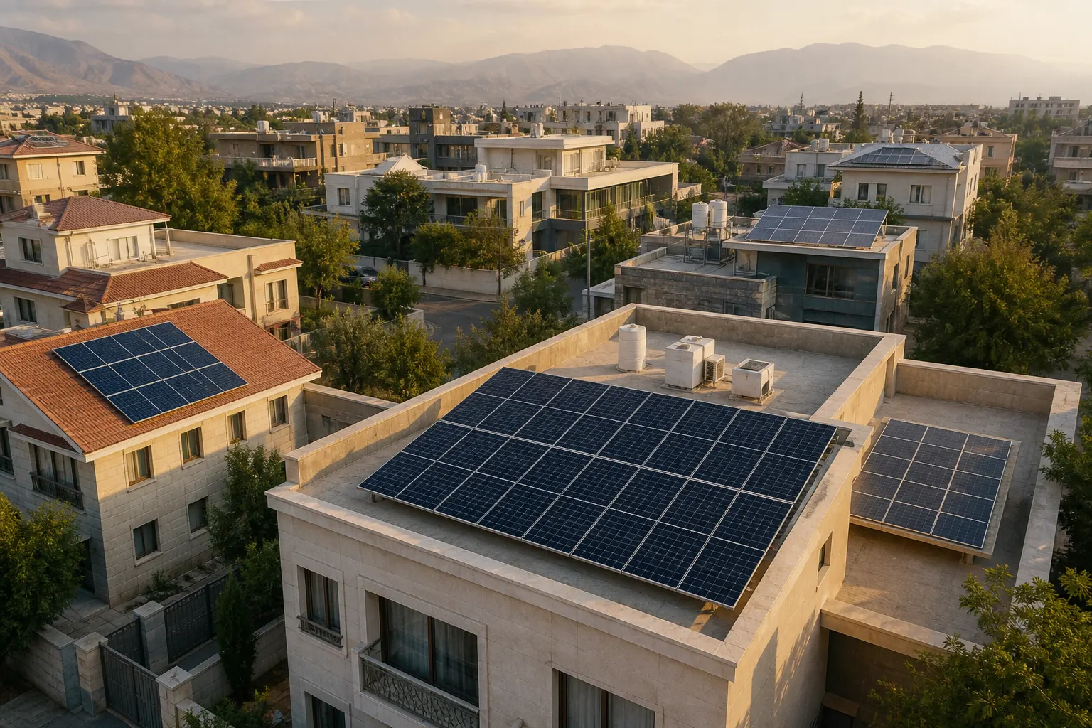 Neighboring Iranian rooftops with distributed solar arrays under warm afternoon light.